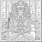 Dessin à colorier, un pharaon égyptien avec à l'arrière-plan des dessins égyptiens et des hiéroglyphes
