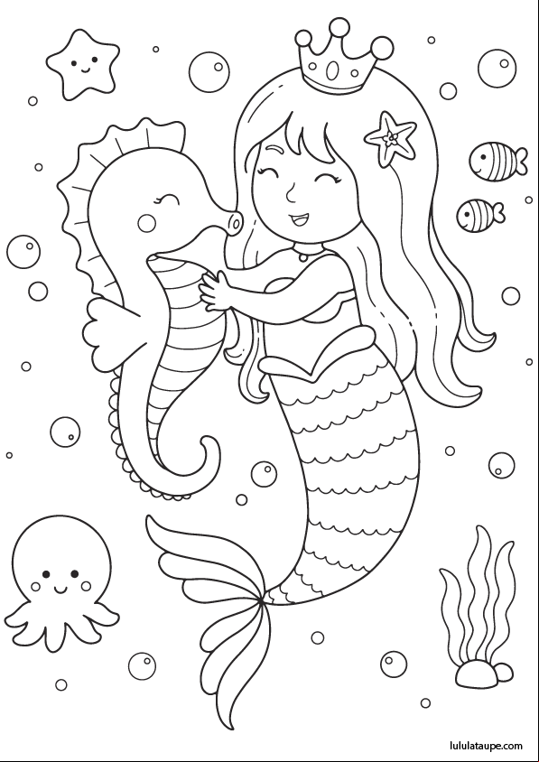 Coloriage gratuit, une sirène et un hippocampe