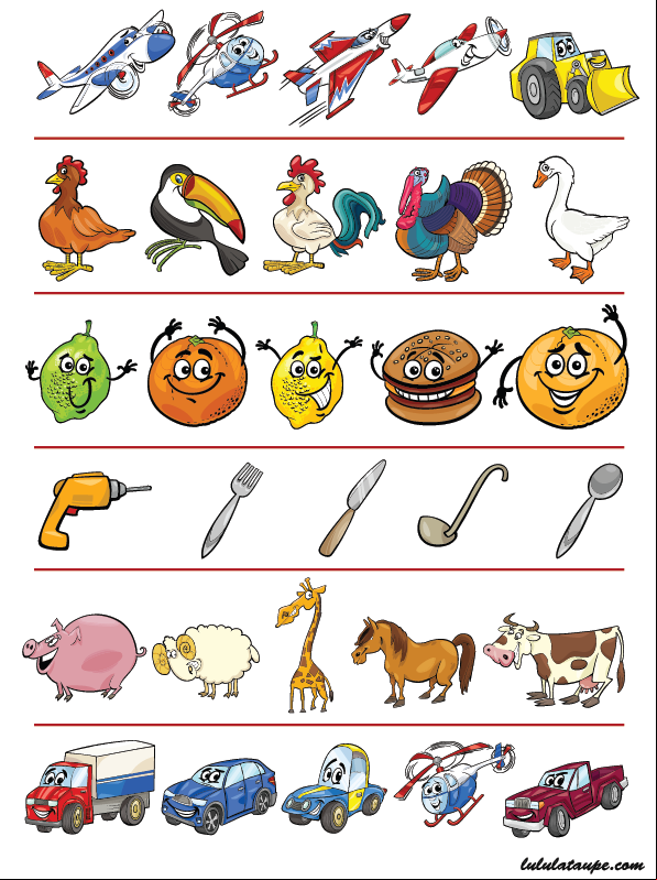 Exercice ludique pour enfants de maternelle MS et GS, trouver l'intrus