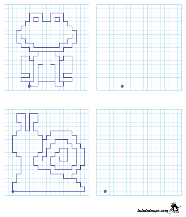 Reproduire une dessin sur un quadrillage, un escargot, une grenouille