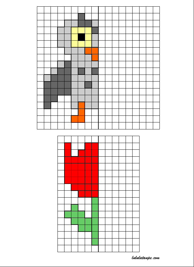 Reproduire un dessin par symétrie axiale sur quadrillage, un hibou, une tulipe