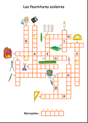 Mots fléchés en images classe , CE1, thème les fournitures scolaires